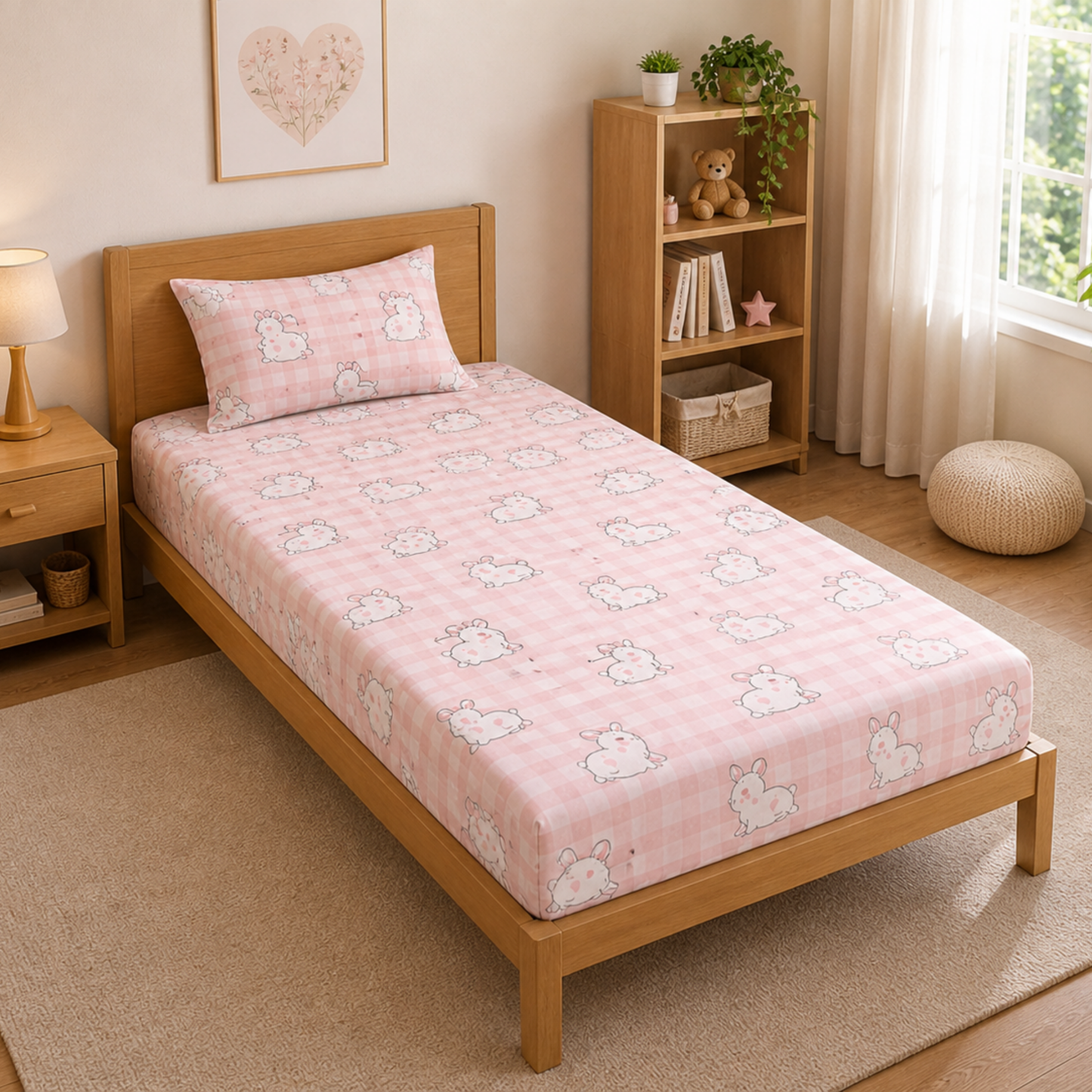Pink Cute Rabbit Print Single Bedsheet with 1 Pillow Cover | Soft Cotton Kids Bedding Set