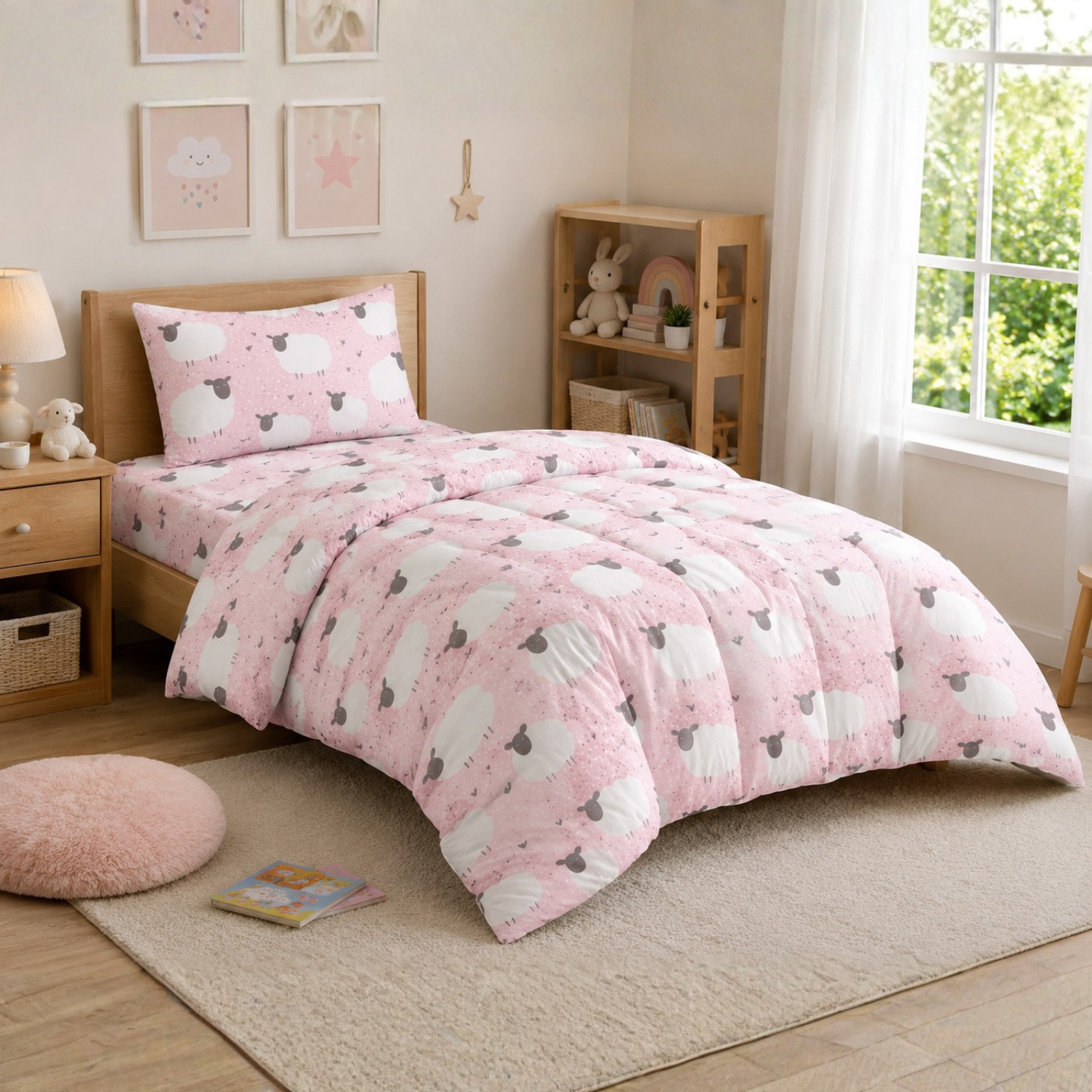 HABOO Sweet Sheep Single Bed Comforter Set for Kids | 1 Comforter, 1 Bedsheet & 1 Pillow Cover | Soft Pink Kids Bedding Set