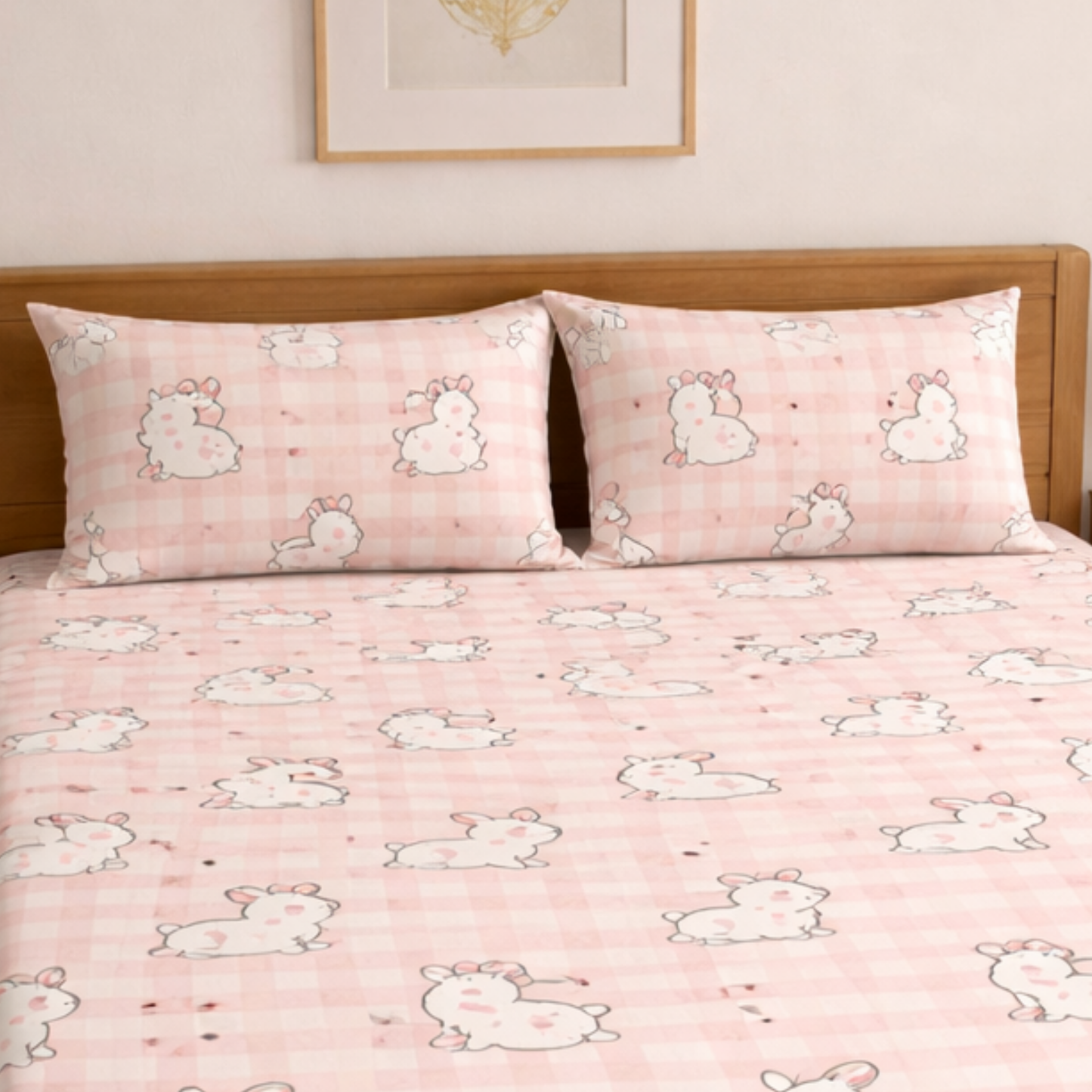 Cute Pink Rabbits with checks Print Double Bedsheet with 2 Pillow Covers | Soft Cotton Kids Bedding Set
