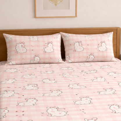 Cute Pink Rabbits with checks Print Double Bedsheet with 2 Pillow Covers | Soft Cotton Kids Bedding Set