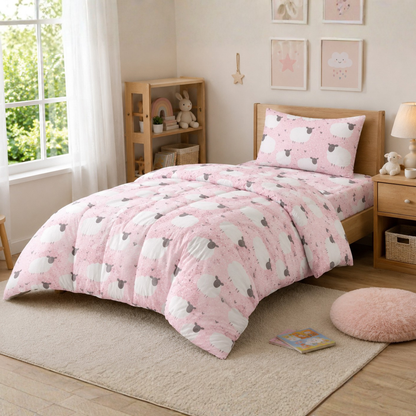 HABOO Sweet Sheep Single Bed Comforter Set for Kids | 1 Comforter, 1 Bedsheet & 1 Pillow Cover | Soft Pink Kids Bedding Set