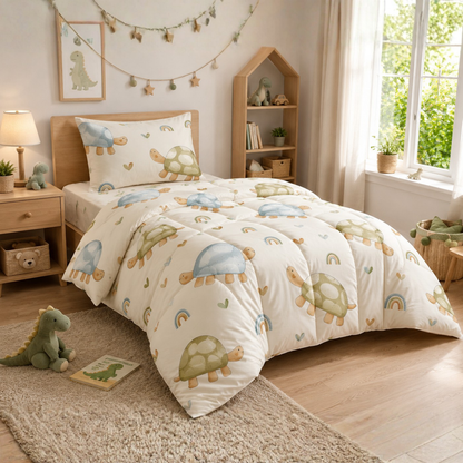 HABOO Turtle Dreams Single Bed Comforter Set for Kids | Soft Comforter, Bedsheet & Pillow Cover | Cute Turtle Print Bedding