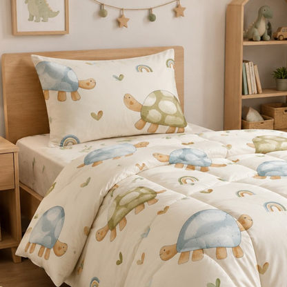 HABOO Turtle Dreams Single Bed Comforter Set for Kids | Soft Comforter, Bedsheet & Pillow Cover | Cute Turtle Print Bedding