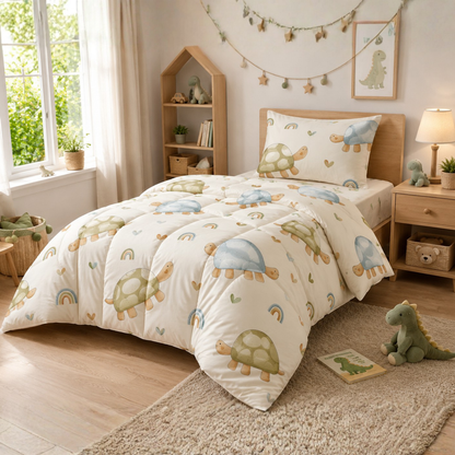HABOO Turtle Dreams Single Bed Comforter Set for Kids | Soft Comforter, Bedsheet & Pillow Cover | Cute Turtle Print Bedding