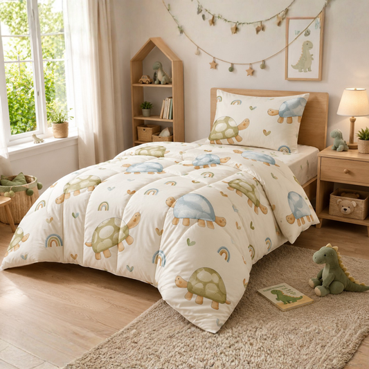 HABOO Turtle Dreams Single Bed Comforter Set for Kids | Soft Comforter, Bedsheet & Pillow Cover | Cute Turtle Print Bedding