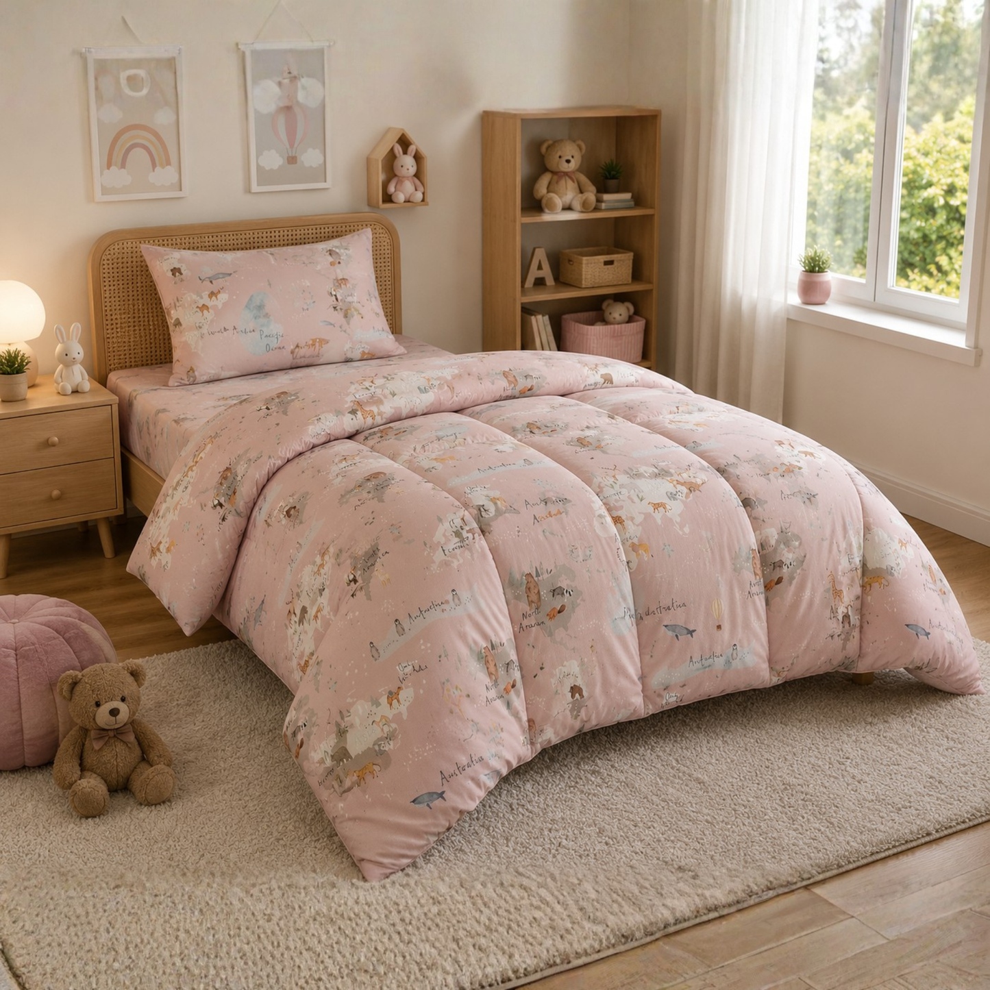 HABOO One World Adventure Single Bed Comforter Set for Kids | 1 Comforter, 1 Bedsheet & 1 Pillow Cover | Animal World Map Print Bedding Set