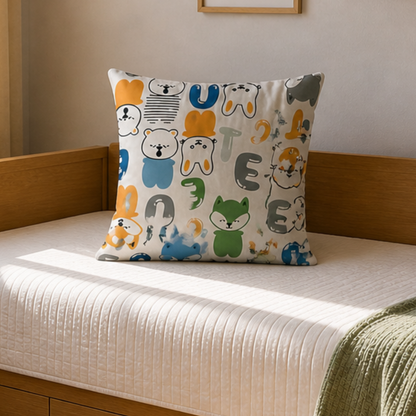 Cute Animal Alphabet Kids Cushion Cover Set of 5 – 16x16 Inch Soft Cotton Decorative Cushions for Kids Room & Nursery