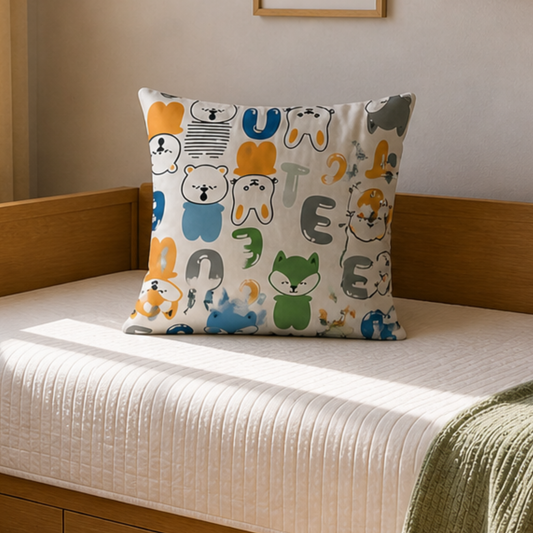 Cute Animal Alphabet Kids Cushion Cover Set of 5 – 16x16 Inch Soft Cotton Decorative Cushions for Kids Room & Nursery