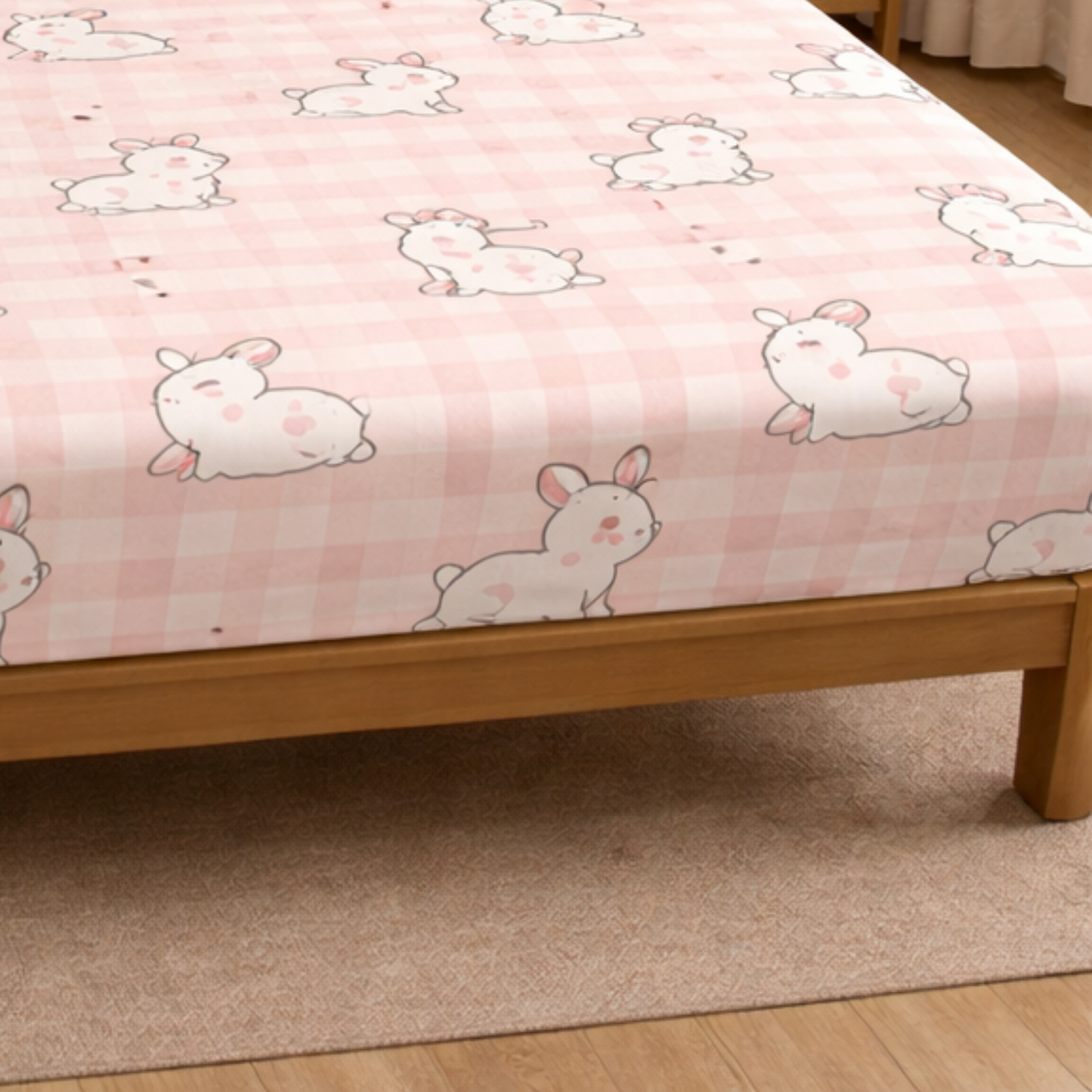 Cute Pink Rabbits with checks Print Double Bedsheet with 2 Pillow Covers | Soft Cotton Kids Bedding Set