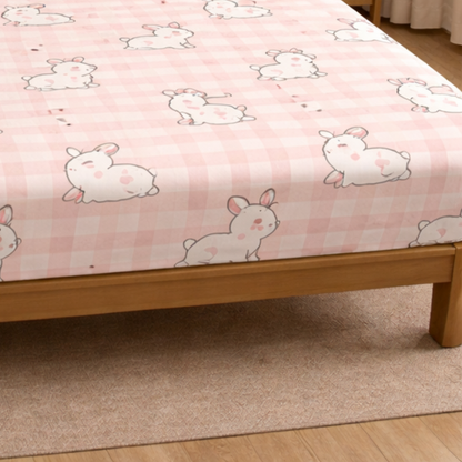 Cute Pink Rabbits with checks Print Double Bedsheet with 2 Pillow Covers | Soft Cotton Kids Bedding Set