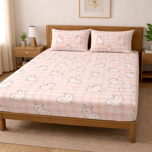 Cute Pink Rabbits with checks Print Double Bedsheet with 2 Pillow Covers | Soft Cotton Kids Bedding Set