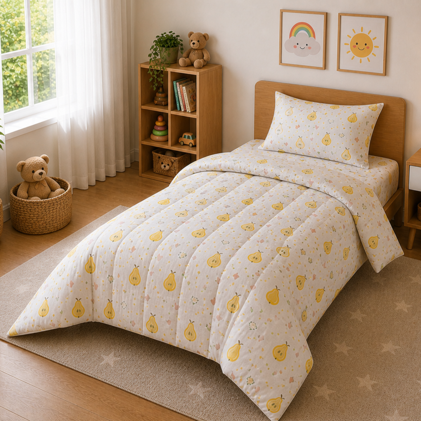 Haboo Sweet Pear Pure Cotton 3-Piece Single Bed Comforter Set with Bedsheet & 1 Pillow Cover | Kids Bedding in White & Yellow