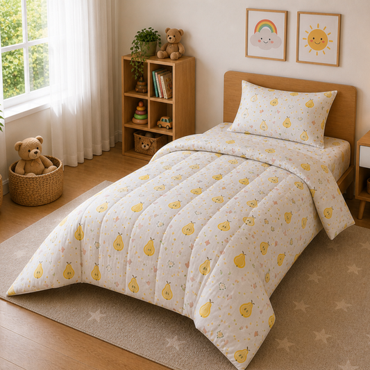 Haboo Sweet Pear Pure Cotton 3-Piece Single Bed Comforter Set with Bedsheet & 1 Pillow Cover | Kids Bedding in White & Yellow