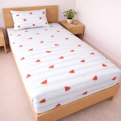 Blue Stripe Watermelon Print Single Bedsheet with 1 Pillow Cover | Soft Cotton Kids Bedding Set