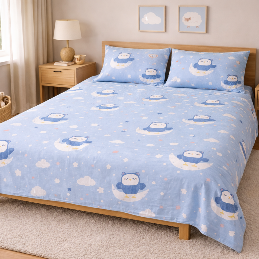 Blue Cute Owl on cloud Print Double Bedsheet with 2 Pillow Covers | Soft Cotton Kids Bedding Set