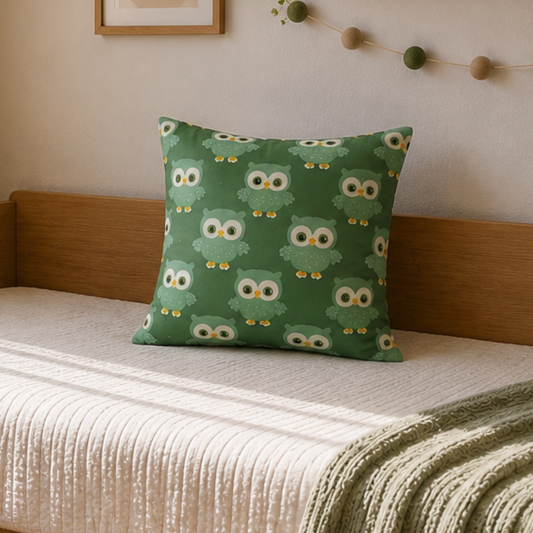 Green Owl Print Kids Diwan Set – 8 Pieces Cotton Sofa Cum Bed Set for Nursery & Kids Bedroom