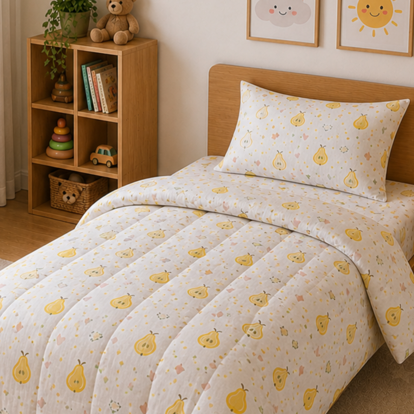 Haboo Sweet Pear Pure Cotton 3-Piece Single Bed Comforter Set with Bedsheet & 1 Pillow Cover | Kids Bedding in White & Yellow