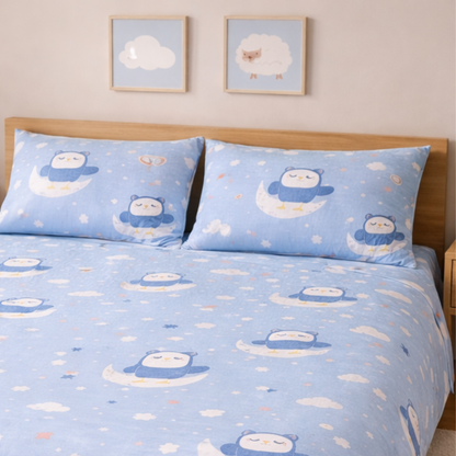 Blue Cute Owl on cloud Print Double Bedsheet with 2 Pillow Covers | Soft Cotton Kids Bedding Set