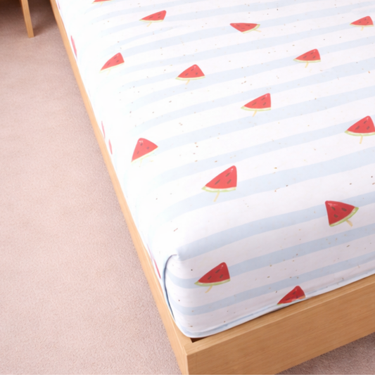 Blue Stripe Watermelon Print Single Bedsheet with 1 Pillow Cover | Soft Cotton Kids Bedding Set