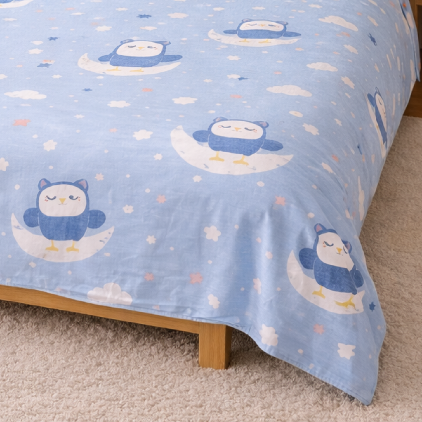 Blue Cute Owl on cloud Print Double Bedsheet with 2 Pillow Covers | Soft Cotton Kids Bedding Set