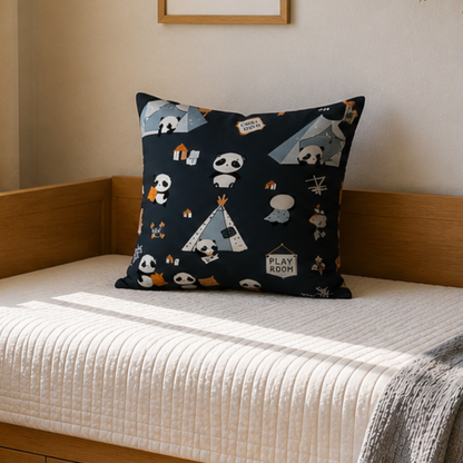 Panda Camping Kids Cushion Cover Set of 5 – 16x16 Inch Soft Cotton Decorative Cushions for Kids Room & Playroom