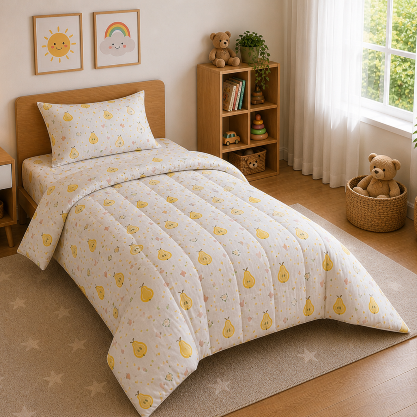 Haboo Sweet Pear Pure Cotton 3-Piece Single Bed Comforter Set with Bedsheet & 1 Pillow Cover | Kids Bedding in White & Yellow