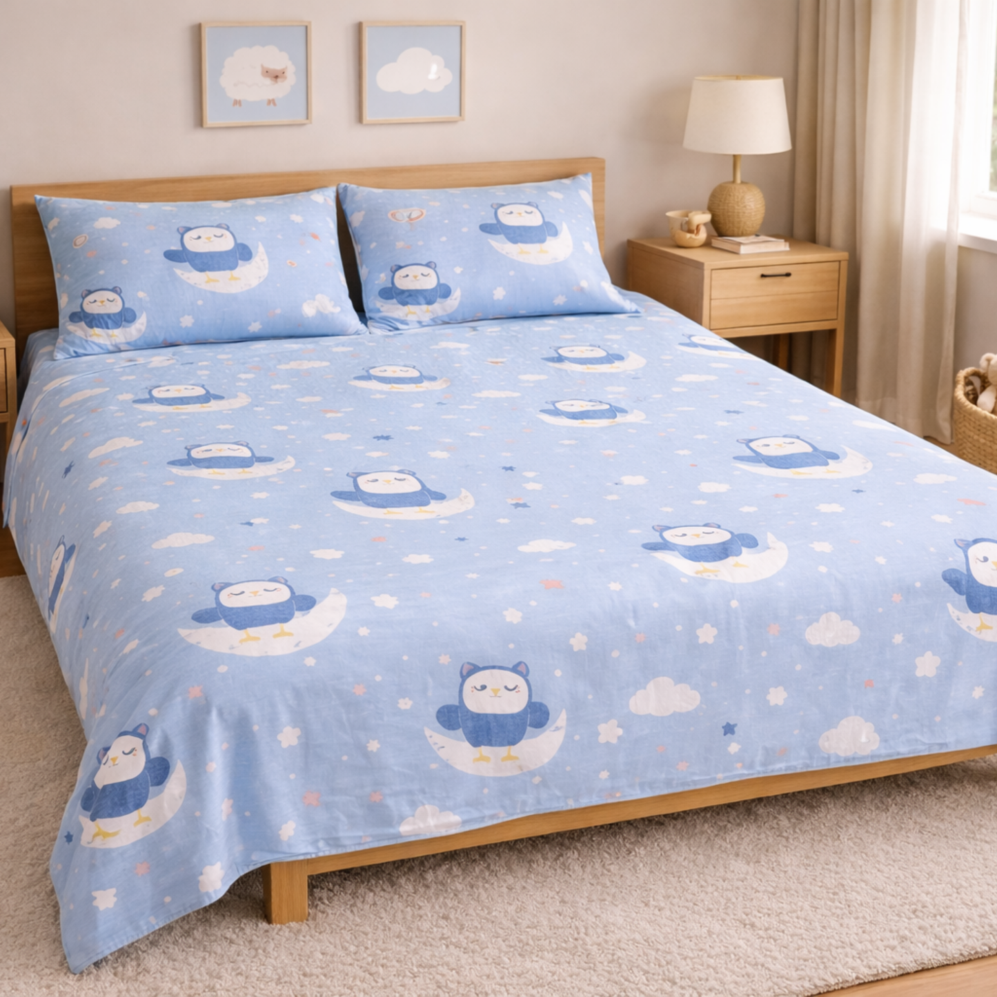 Blue Cute Owl on cloud Print Double Bedsheet with 2 Pillow Covers | Soft Cotton Kids Bedding Set