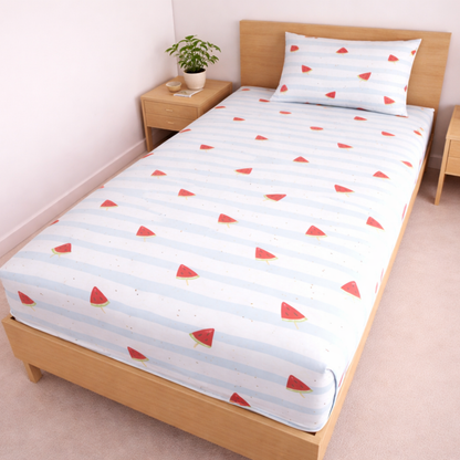 Blue Stripe Watermelon Print Single Bedsheet with 1 Pillow Cover | Soft Cotton Kids Bedding Set