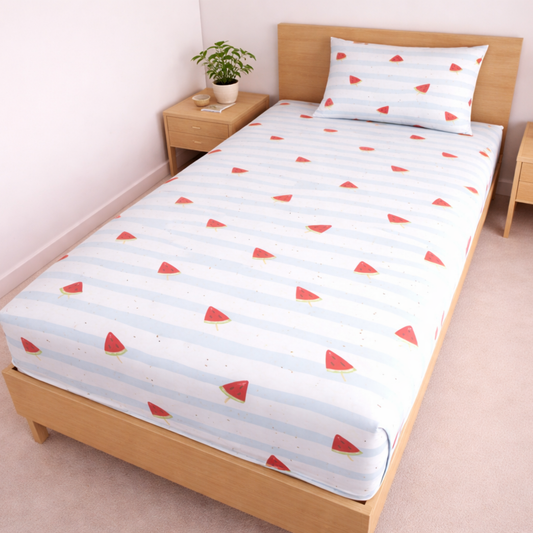 Blue Stripe Watermelon Print Single Bedsheet with 1 Pillow Cover | Soft Cotton Kids Bedding Set