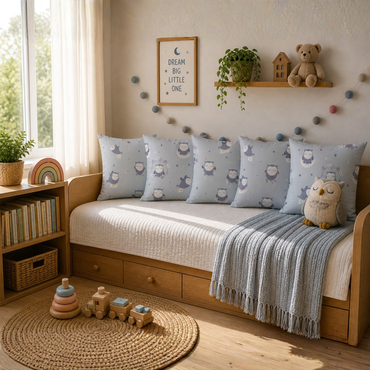 Sleepy Owl Kids Cushion Cover Set of 5 – 16x16 Inch Soft Cotton Decorative Cushions for Nursery & Kids Bedroom