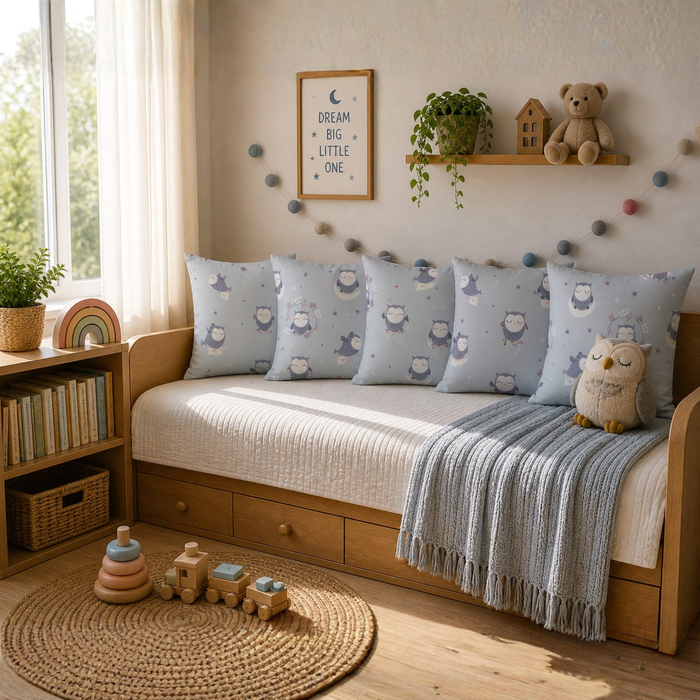 Sleepy Owl Kids Cushion Cover Set of 5 – 16x16 Inch Soft Cotton Decorative Cushions for Nursery & Kids Bedroom