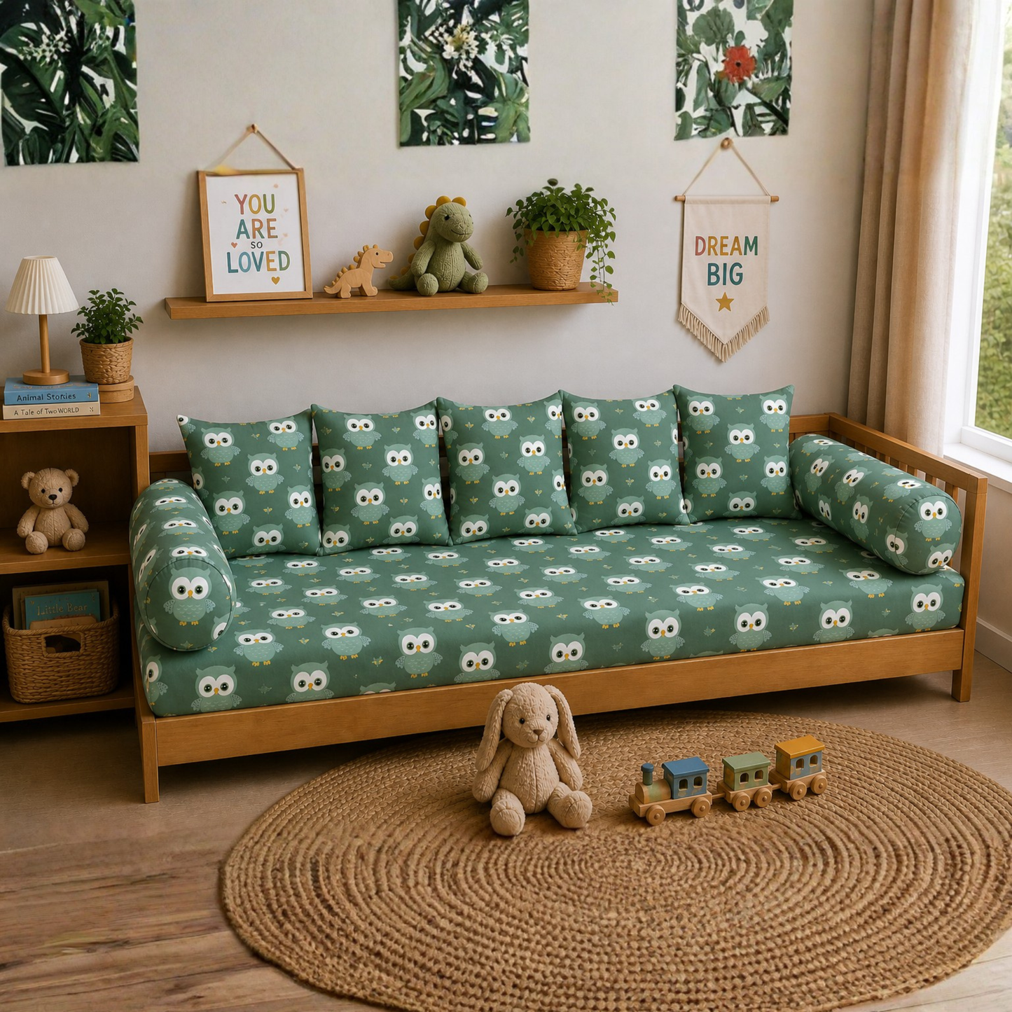 Green Owl Print Kids Diwan Set – 8 Pieces Cotton Sofa Cum Bed Set for Nursery & Kids Bedroom