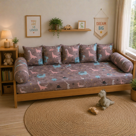 Cute Dinosaur Kids Diwan Set – 8 Pieces Soft Cotton Sofa Cum Bed Set for Nursery & Kids Room