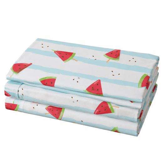 Blue Stripe Watermelon Print Double Bedsheet with 2 Pillow Covers | Soft Cotton Kids Bedding Set