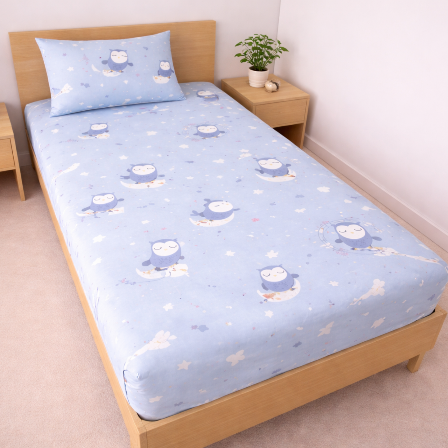 Blue Cute Owl & Star Print Single Bedsheet with 1 Pillow Cover | Soft Cotton Kids Bedding Set