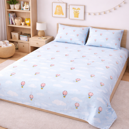 Blue Hot Air Balloon & Cloud Print Double Bedsheet with 2 Pillow Covers | Soft Cotton Kids Bedding Set