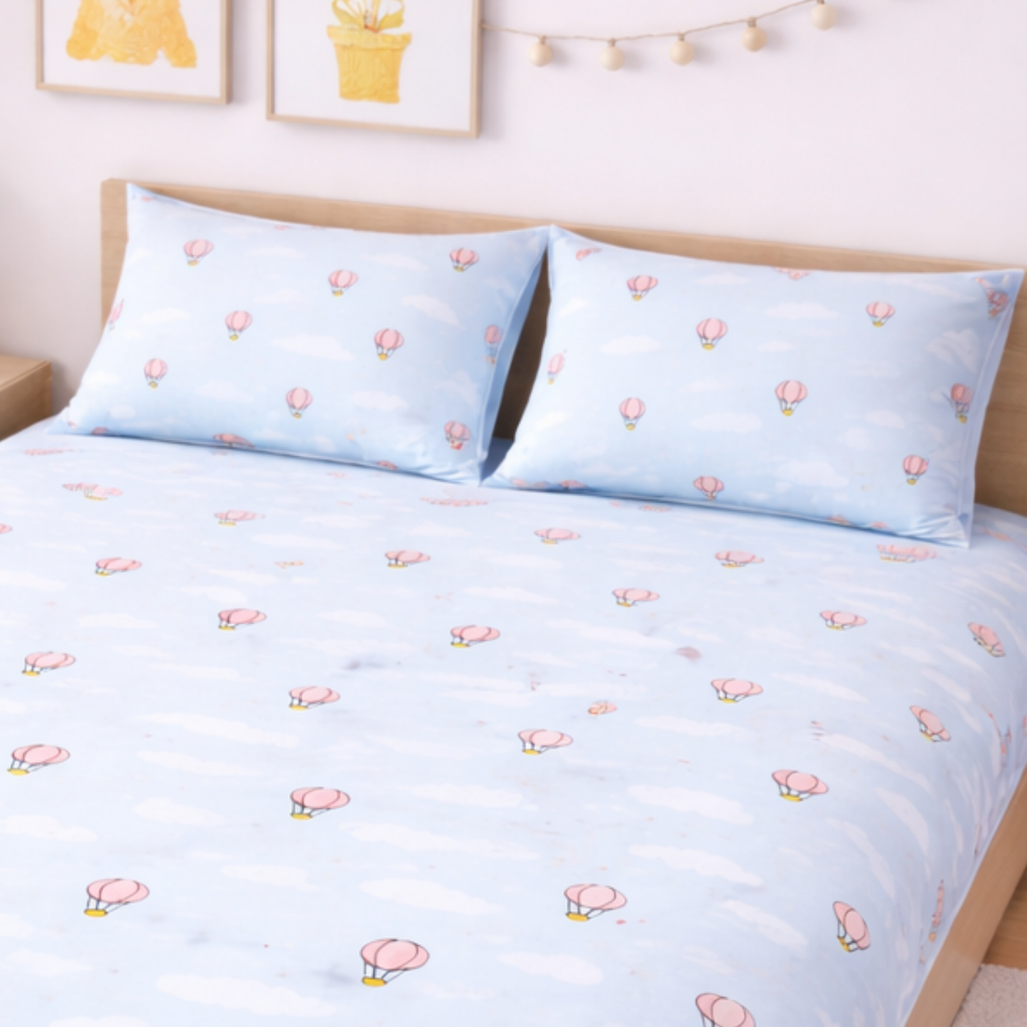 Blue Hot Air Balloon & Cloud Print Double Bedsheet with 2 Pillow Covers | Soft Cotton Kids Bedding Set