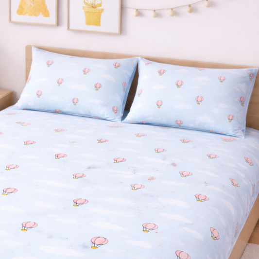 Blue Hot Air Balloon & Cloud Print Double Bedsheet with 2 Pillow Covers | Soft Cotton Kids Bedding Set