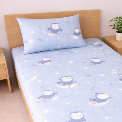 Blue Cute Owl & Star Print Single Bedsheet with 1 Pillow Cover | Soft Cotton Kids Bedding Set