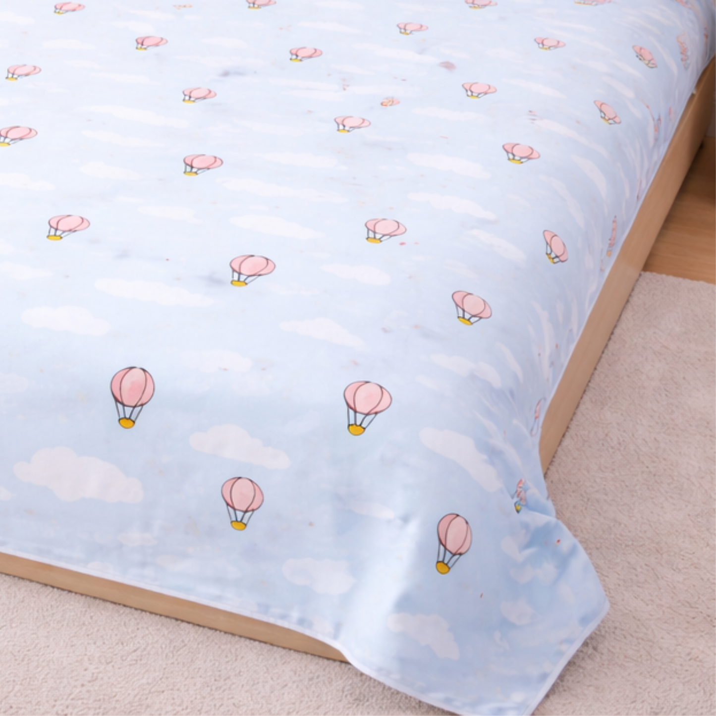 Blue Hot Air Balloon & Cloud Print Double Bedsheet with 2 Pillow Covers | Soft Cotton Kids Bedding Set