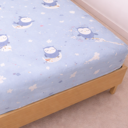 Blue Cute Owl & Star Print Single Bedsheet with 1 Pillow Cover | Soft Cotton Kids Bedding Set
