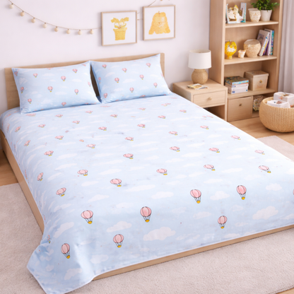 Blue Hot Air Balloon & Cloud Print Double Bedsheet with 2 Pillow Covers | Soft Cotton Kids Bedding Set