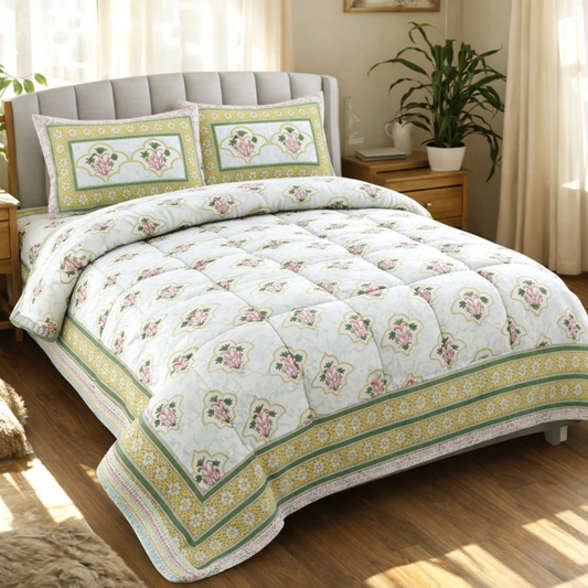 Handblock Style Jaipuri Comforter Set – 6 Pc Cotton Bedding Set