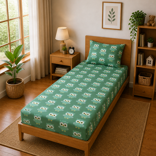 Green Cute Owl Print Single Bedsheet with 1 Pillow Cover | Soft Cotton Kids Bedding Set