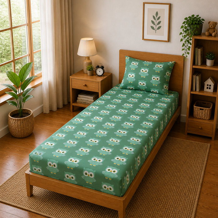 Green Cute Owl Print Single Bedsheet with 1 Pillow Cover | Soft Cotton Kids Bedding Set