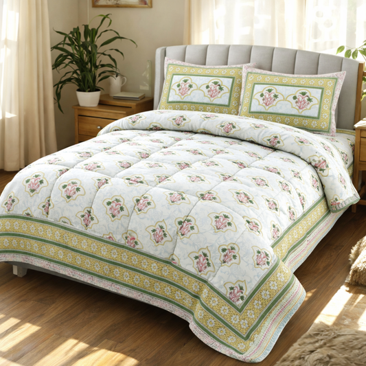 Handblock Style Jaipuri Comforter Set – 6 Pc Cotton Bedding Set