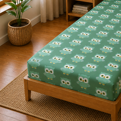 Green Cute Owl Print Single Bedsheet with 1 Pillow Cover | Soft Cotton Kids Bedding Set