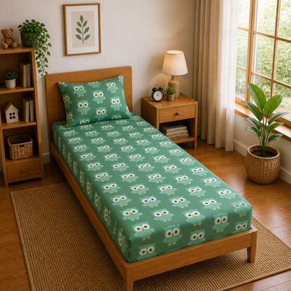 Green Cute Owl Print Single Bedsheet with 1 Pillow Cover | Soft Cotton Kids Bedding Set