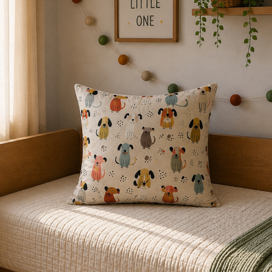 Cute Puppy Kids Cushion Cover Set of 5 – 16x16 Inch Soft Cotton Decorative Cushions for Kids Room & Nursery