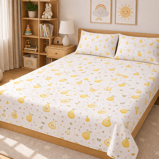 Yellow Pear Print Double Bedsheet with 2 Pillow Covers | Soft Cotton Bedsheet Set (White Multicolor)
